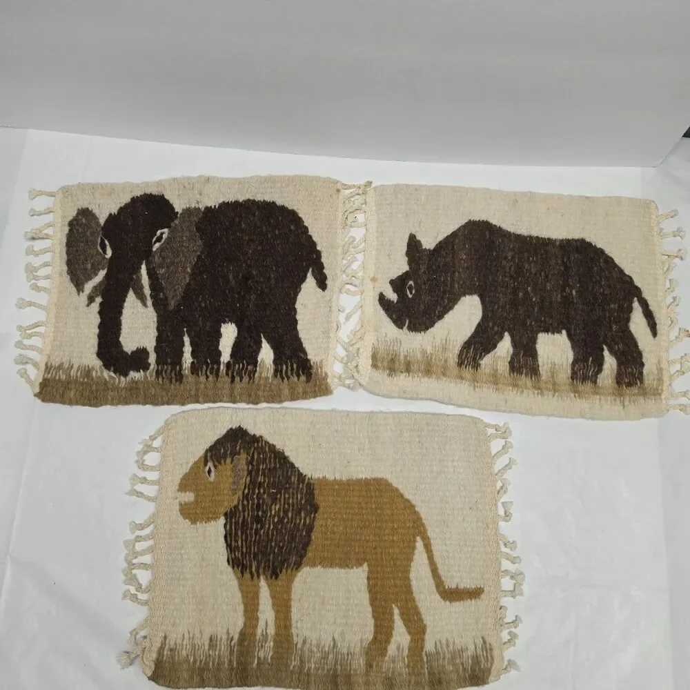 Vintage Hand Woven Wool African Wild Animals Elephant Lion Rhino Placemats